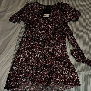 The Kooples Black and Red Ruffled Puff Sleeve Mini Dress